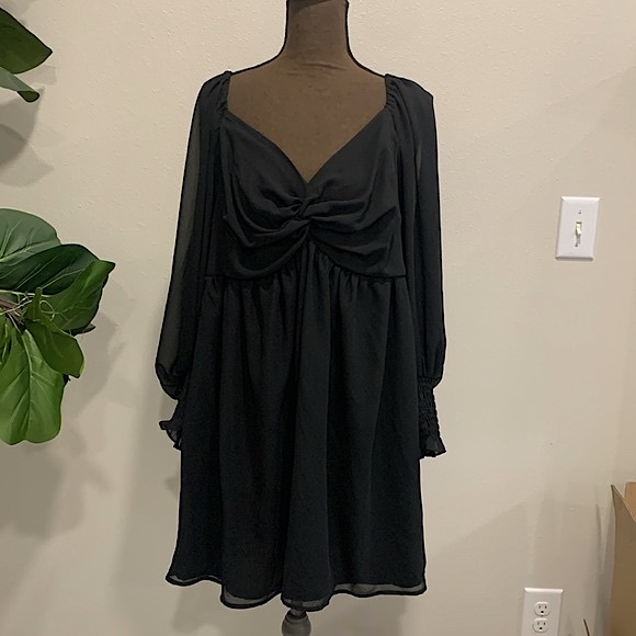 Eloquii Twisted Bodice Mini Dress Size 16 Black Babydoll Sheer Balloon Sleeve - Picture 14 of 14